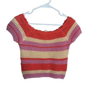 Full Tilt Sweater Women's Small Striped Crochet Knit Cropped Square Neck Top